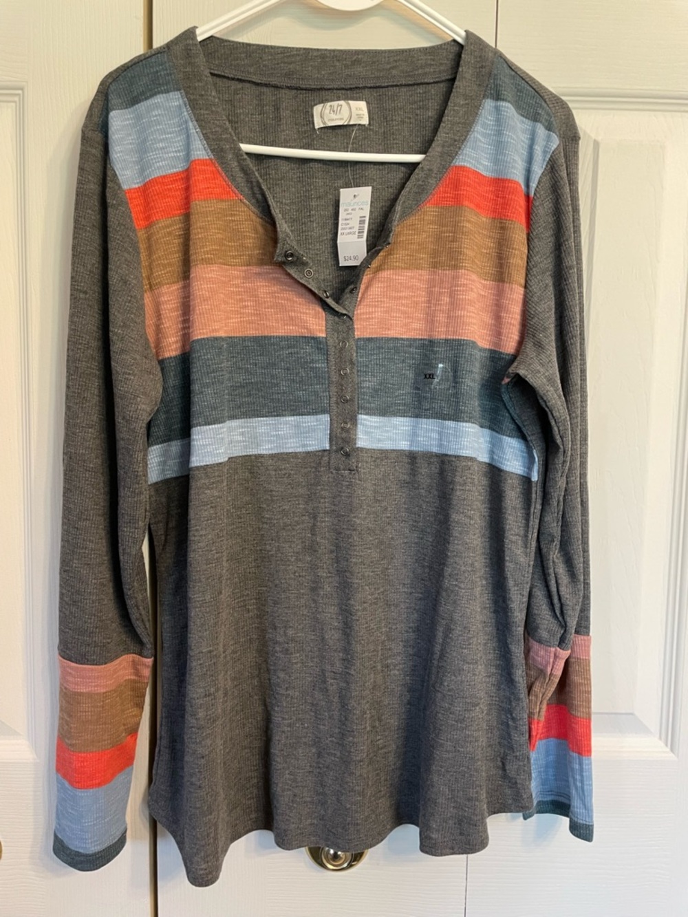Maurices Gray Long Sleeve Henley Tee with Multicolor Stripes